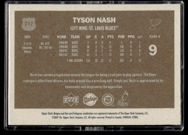 _10 2002 Upper Deck Vintage St. Louis Blues #217 Tyson Nash