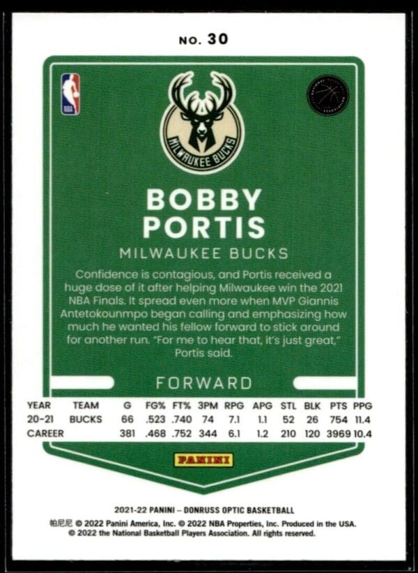 2021-22 Donruss Optic Bobby Portis Milwaukee Bucks #30
