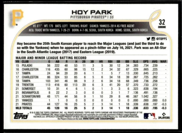 2022 Topps Chrome Hoy Park Pittsburgh Pirates #32 XFractor