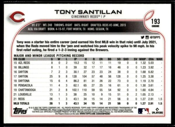 2022 Topps Chrome Tony Santillan Cincinnati Reds #193 XFractor