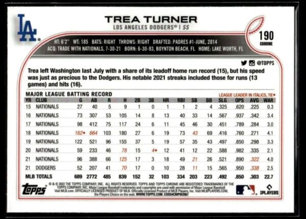 2022 Topps Chrome Trea Turner Los Angeles Dodgers #190 XFractor