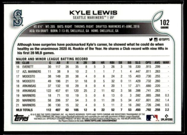 2022 Topps Chrome Kyle Lewis Seattle Mariners #102 XFractor