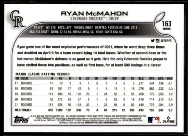 _10 2022 Topps Chrome Ryan McMahon Colorado Rockies #163 XFractor