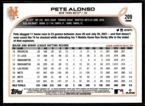 2022 Topps Chrome Pete Alonso New York Mets #209 XFractor