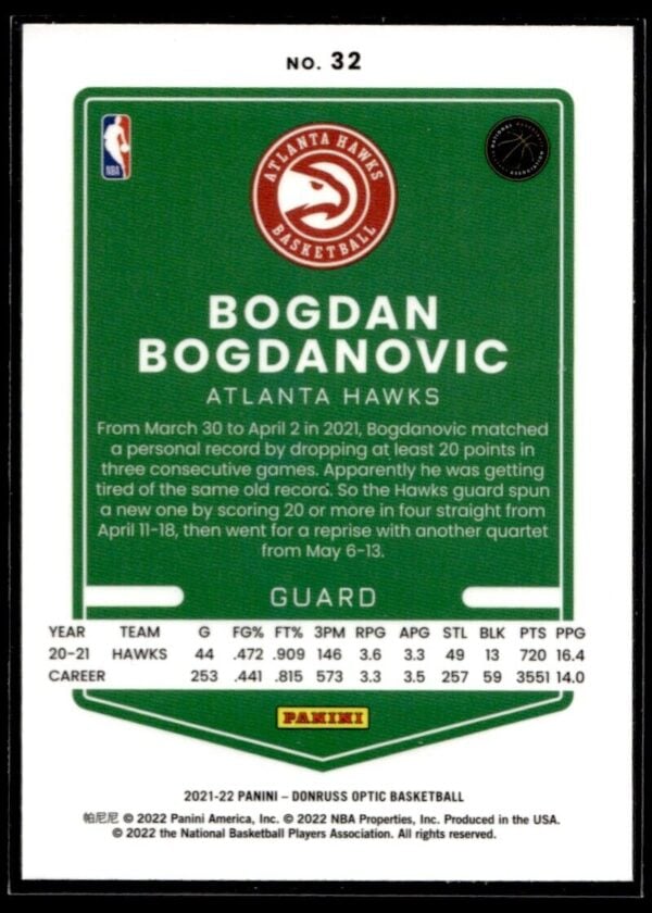 2021 Donruss Optic Atlanta Hawks #32 Bogdan Bogdanovic