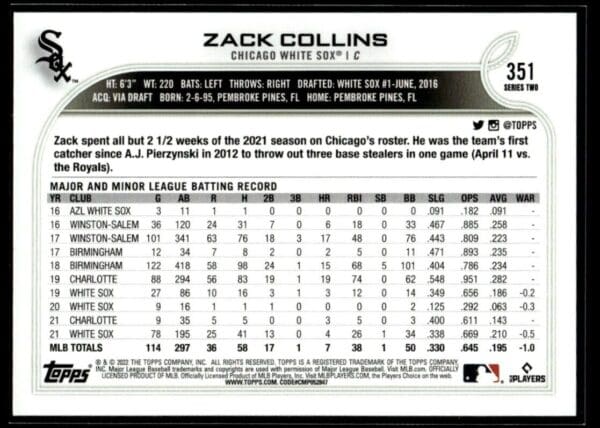 2022 Topps Zack Collins Chicago White Sox #351