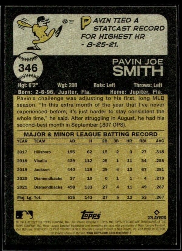 _10 2022 Topps Heritage Pavin Smith Arizona Diamondbacks #346