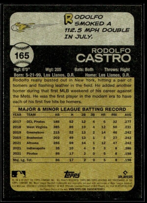 2022 Topps Heritage Rodolfo Castro Rookie Pittsburgh Pirates #165