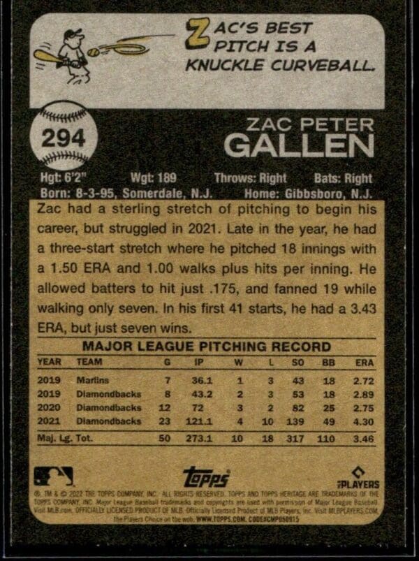 _10 2022 Topps Heritage Zac Gallen Arizona Diamondbacks #294