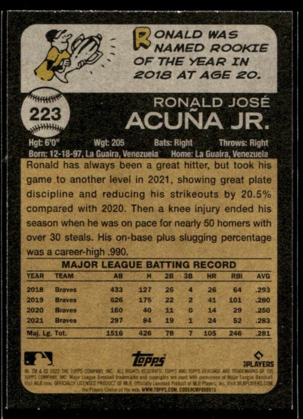 _10 2022 Topps Heritage Ronald Acuña Jr. Atlanta Braves #223