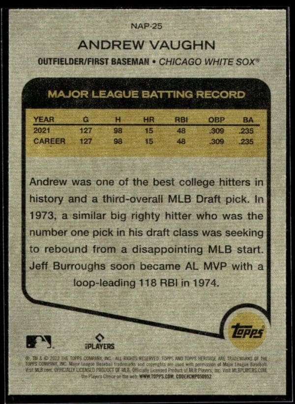 _10 2022 Topps Heritage New Age Performers Andrew Vaughn Chicago White Sox #NAP-25