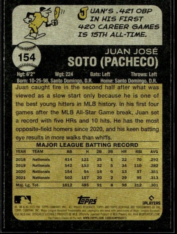 2022 Topps Heritage Juan Soto Washington Nationals #154