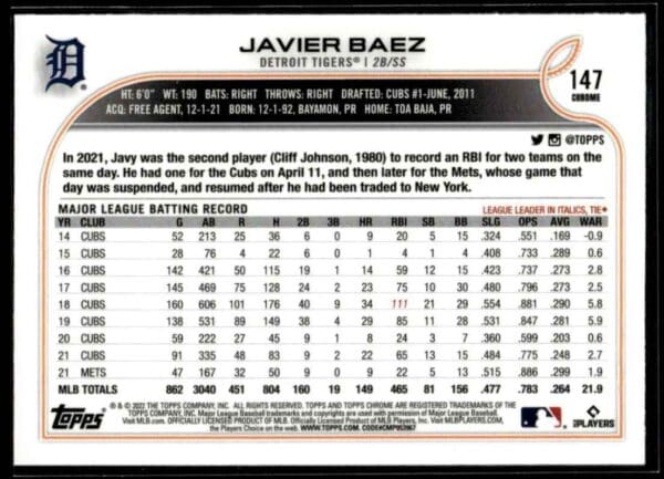 2022 Topps Chrome Javier Baez Detroit Tigers #147