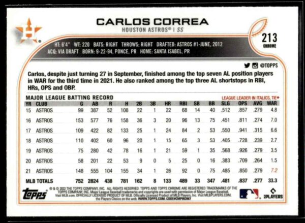 _10 2022 Topps Chrome Carlos Correa Houston Astros #213