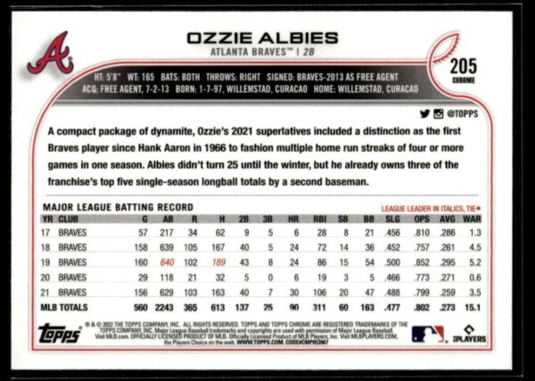 2022 Topps Chrome Ozzie Albies Atlanta Braves #205
