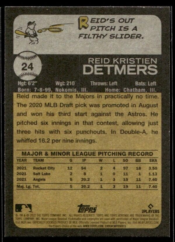 2022 Topps Heritage Los Angeles Angels #24 Reid Detmers