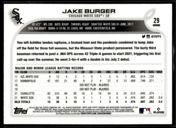 2022 Topps Chrome Chicago White Sox #29 Jake Burger RC Rookie