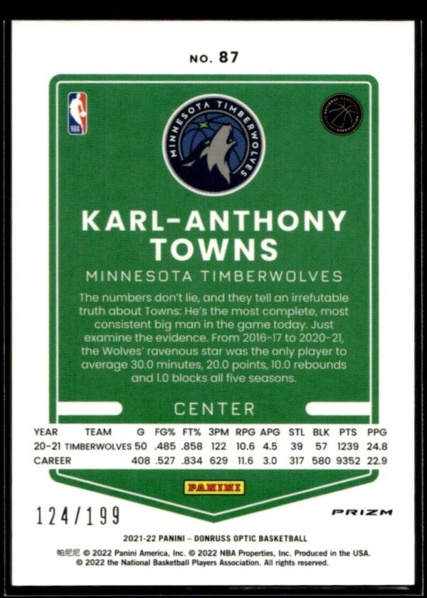 2021 Optic Minnesota Timberwolves #87 Karl-Anthony Towns 124/199 Orange Holo