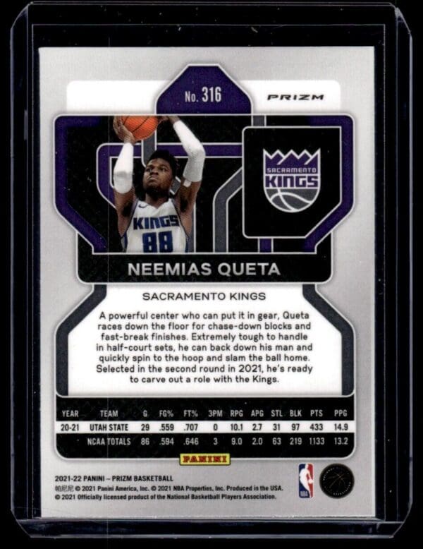 2021-22 Panini Prizm Neemias Queta Rookie Sacramento Kings #316 Fast Break