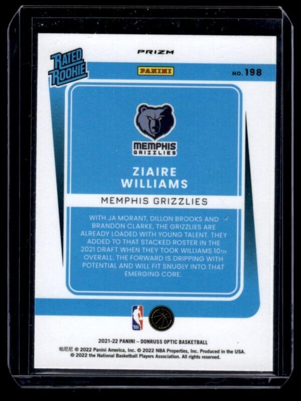 _10 2021-22 Donruss Optic Ziaire Williams Rookie Memphis Grizzlies #198 Purple Prizm