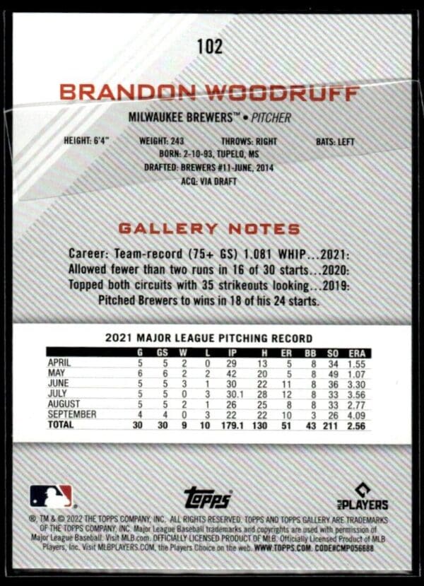2022 Topps Gallery Brandon Woodruff Milwaukee Brewers #102