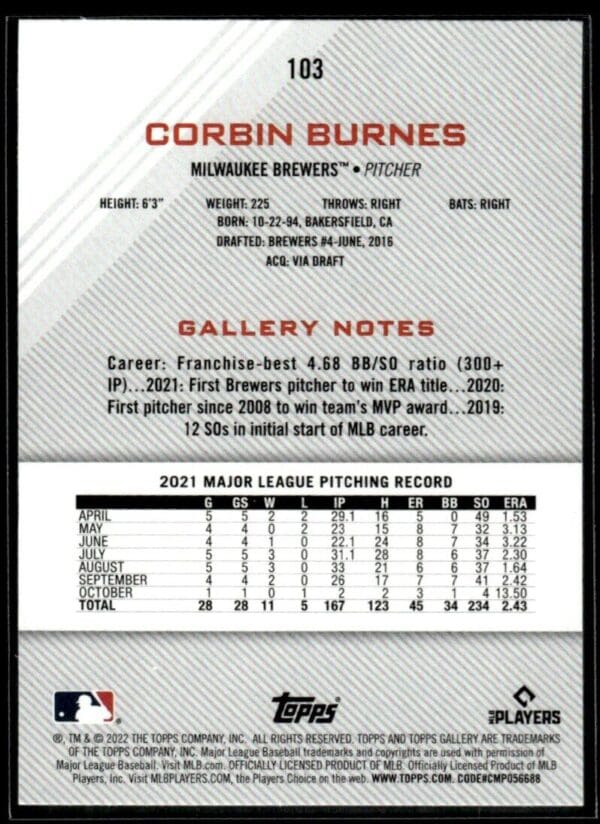 _10 2022 Topps Gallery Corbin Burnes Milwaukee Brewers #103