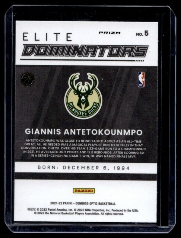2021 Optic Milwaukee Bucks #5 Giannis Antetokounmpo Elite Dominators Holo
