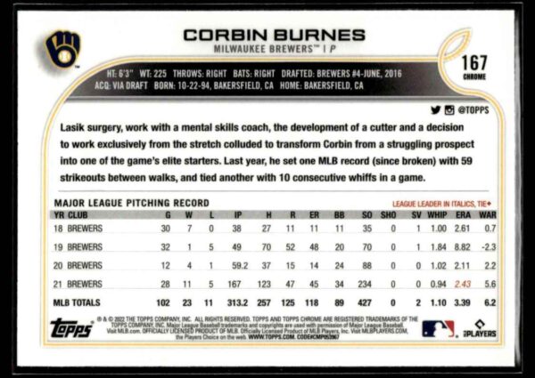2022 Topps Chrome Corbin Burnes Milwaukee Brewers #167