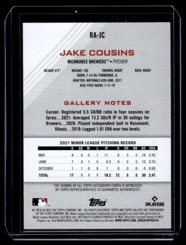 2022 Topps Chrome Rookie Autographs Jake Cousins Auto Milwaukee Brewers #RA-JC