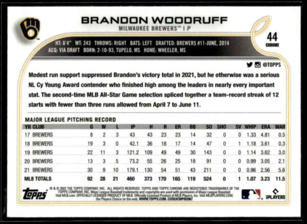 2022 Topps Chrome Brandon Woodruff Milwaukee Brewers #44