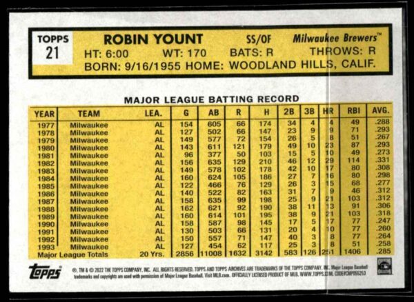 2022 Topps Robin Yount Milwaukee Brewers #21