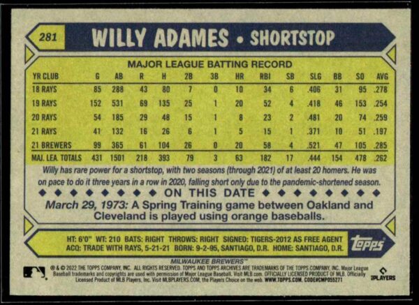 2022 Topps Willy Adames Milwaukee Brewers #281