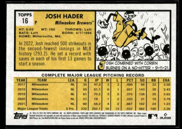 2022 Topps Josh Hader Milwaukee Brewers #16