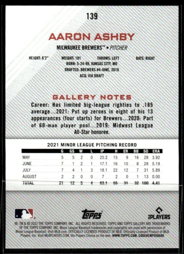 2022 Topps Gallery Aaron Ashby Milwaukee Brewers #11