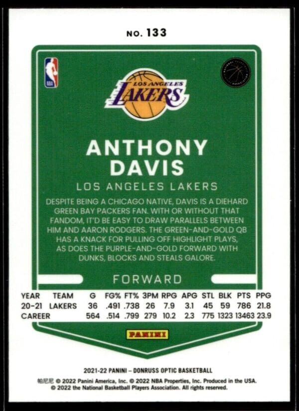 2021 Donruss Optic Los Angeles Lakers #133 Anthony Davis