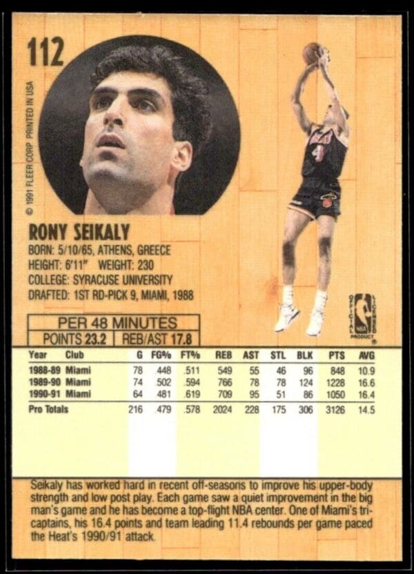 1991 Fleer Miami Heat #112 Rony Seikaly