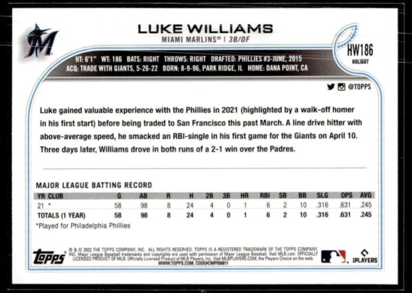 2022 Topps Holiday Philadelphia Phillies #186 Luke Williams RC Rookie