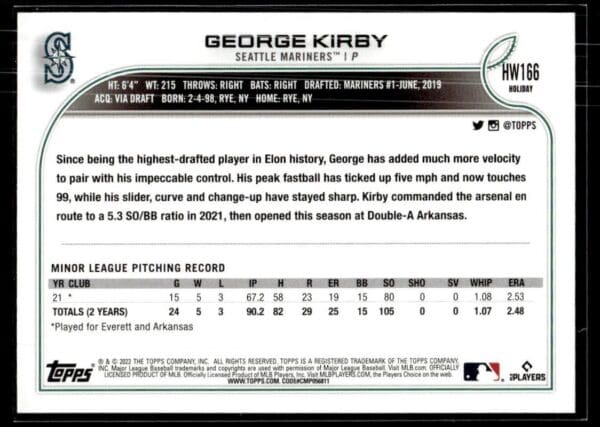 _10 2022 Topps Holiday Everett AquaSox #166 George Kirby RC Rookie