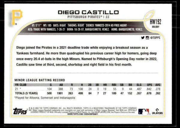 _10 2022 Topps Holiday Pittsburgh Pirates #192 Diego Castillo RC Rookie