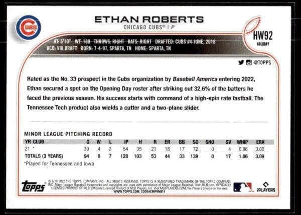 2022 Topps Holiday Chicago Cubs #92 Ethan Roberts RC Rookie
