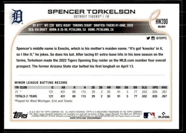 _10 2022 Topps Holiday Erie Seawolves #200 Spencer Torkelson RC Rookie