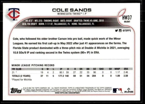 2022 Topps Holiday Minnesota Twins #37 Cole Sands RC Rookie