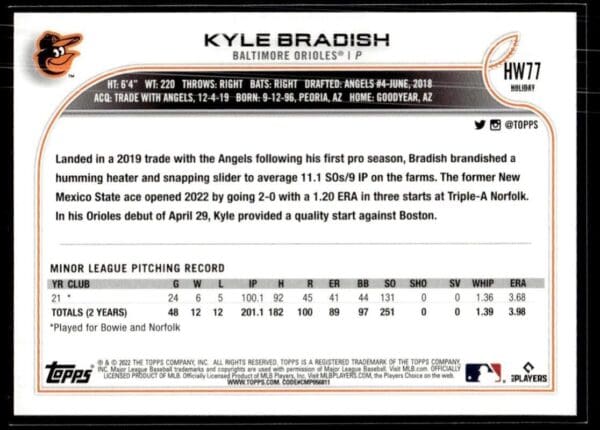 2022 Topps Holiday Baltimore Orioles #77 Kyle Bradish RC Rookie