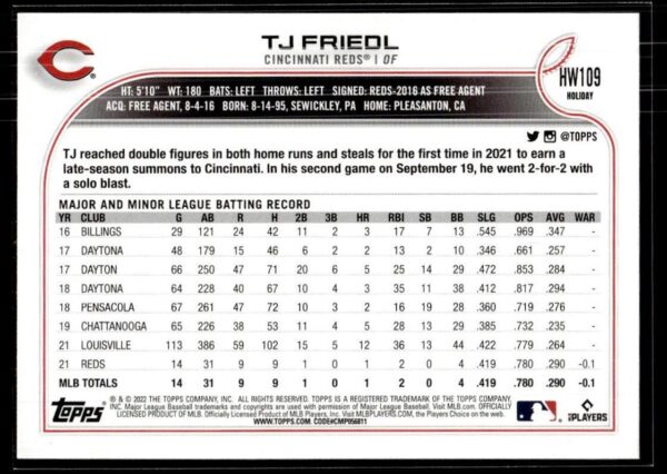 _10 2022 Topps Holiday Cincinnati Reds #109 TJ Friedl RC Rookie