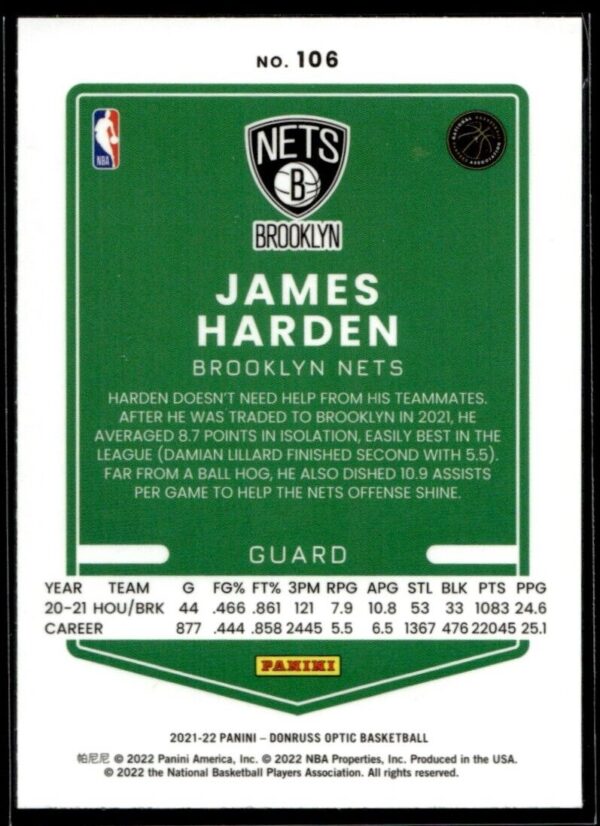 2021 Donruss Optic Brooklyn Nets #106 James Harden