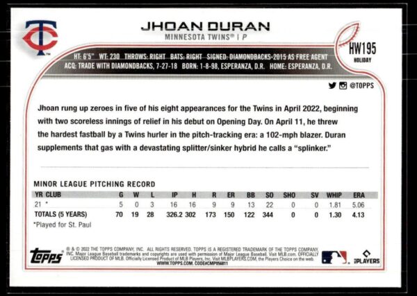 2022 Topps Holiday Minnesota Twins #195 Jhoan Duran RC Rookie