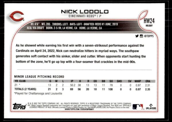 _10 2022 Topps Holiday Dayton Dragons #24 Nick Lodolo RC Rookie
