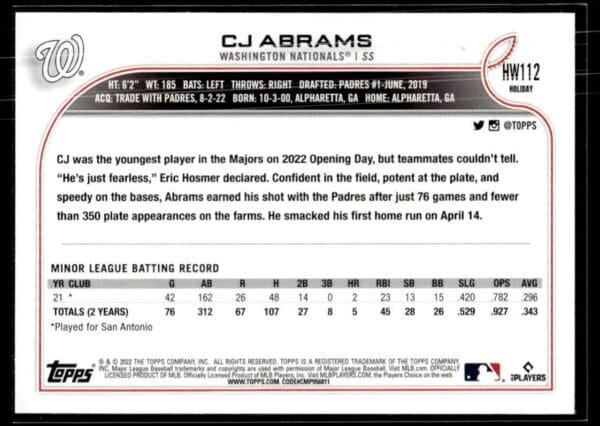 _10 2022 Topps Holiday San Antonio Missions #112 CJ Abrams RC Rookie