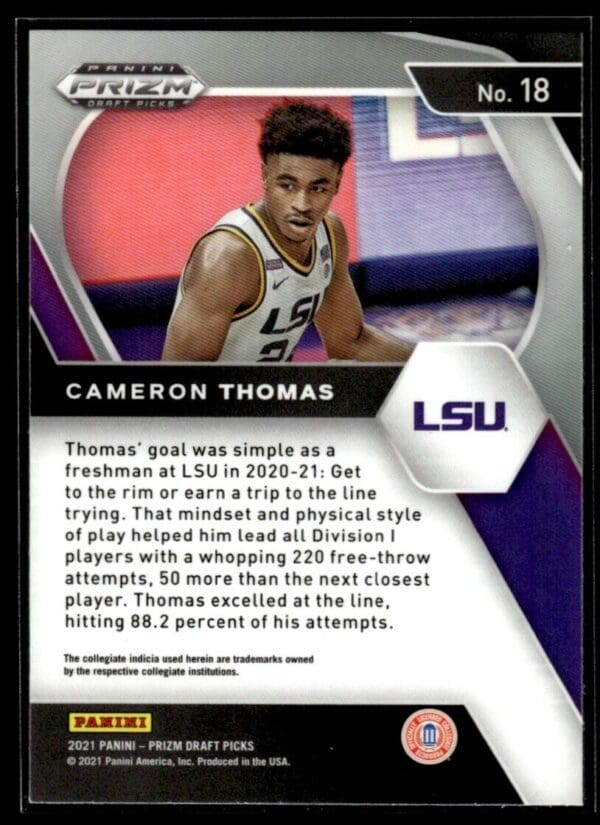 2021 Panini Prizm Draft Picks LSU Tigers #18 Cameron Thomas RC Rookie