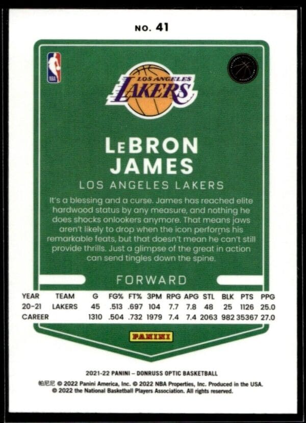2021 Donruss Optic Los Angeles Lakers #41 LeBron James